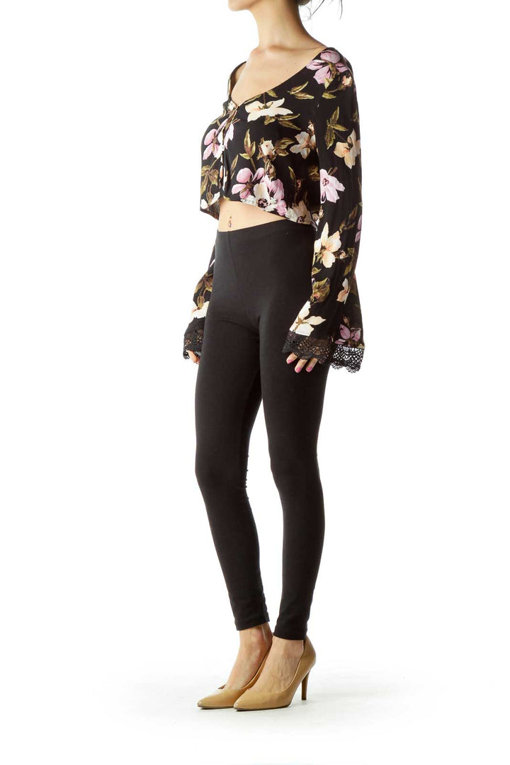 Black Pink Floral Bell-Sleeve Crop Top