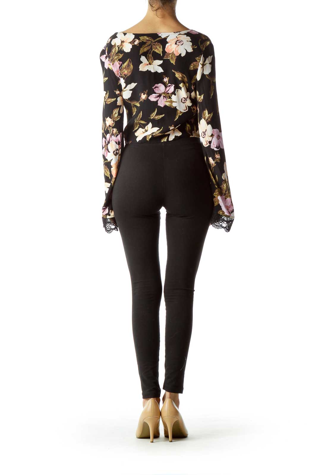 Black Pink Floral Bell-Sleeve Crop Top