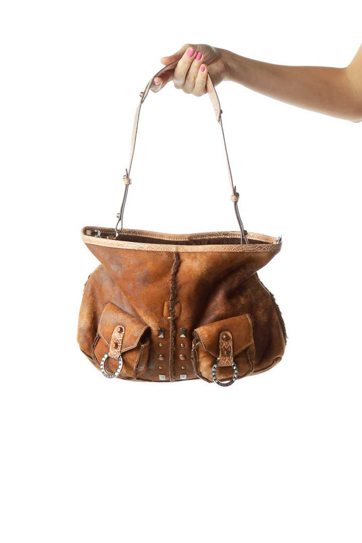 Brown Pocketed Studded Faux Cow Hide Satchel