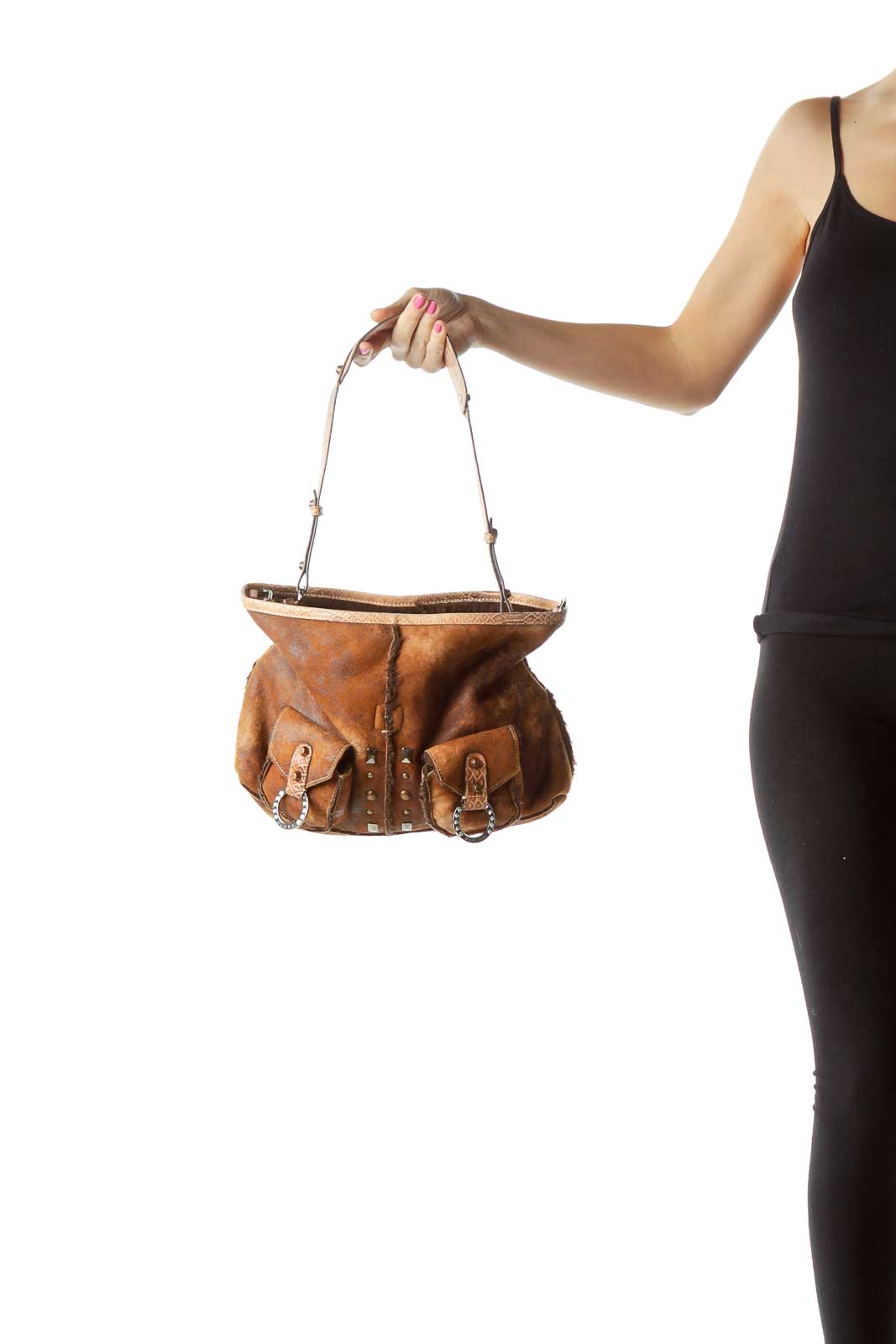 Brown Pocketed Studded Faux Cow Hide Satchel