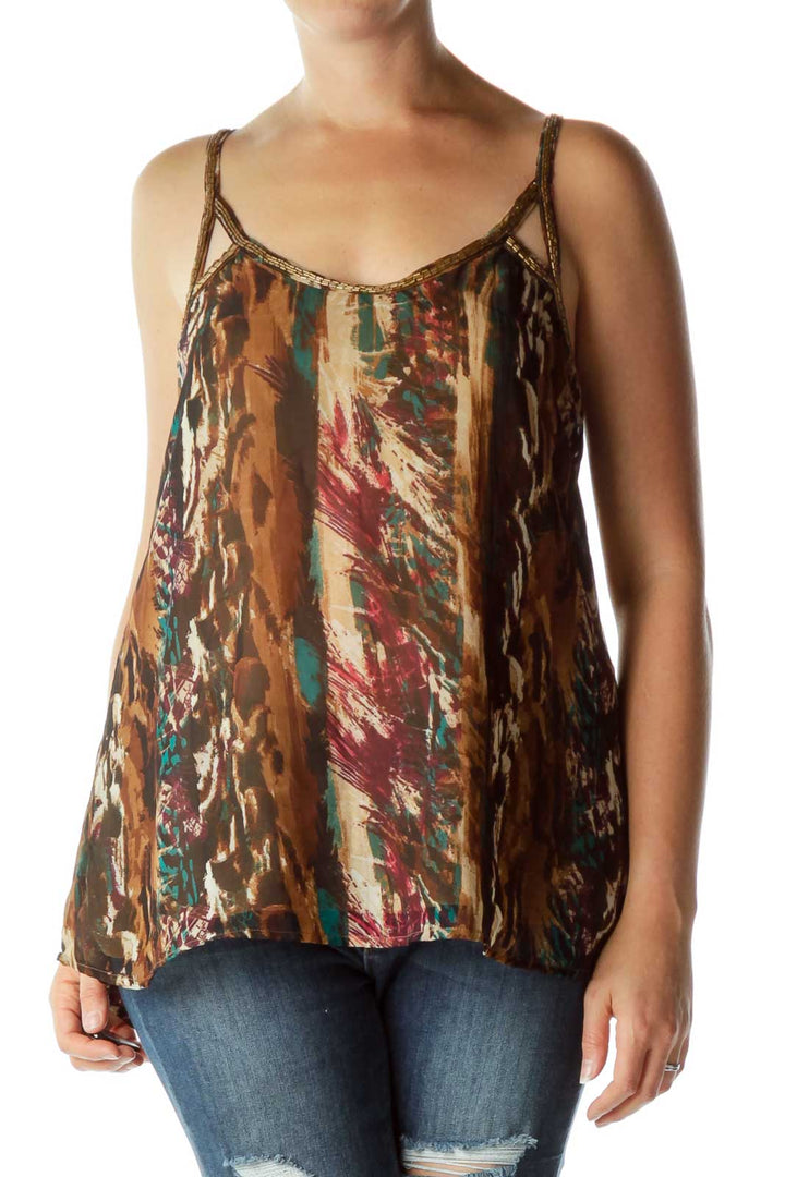 Brown Print Beaded Detail Sleeveless Blouse