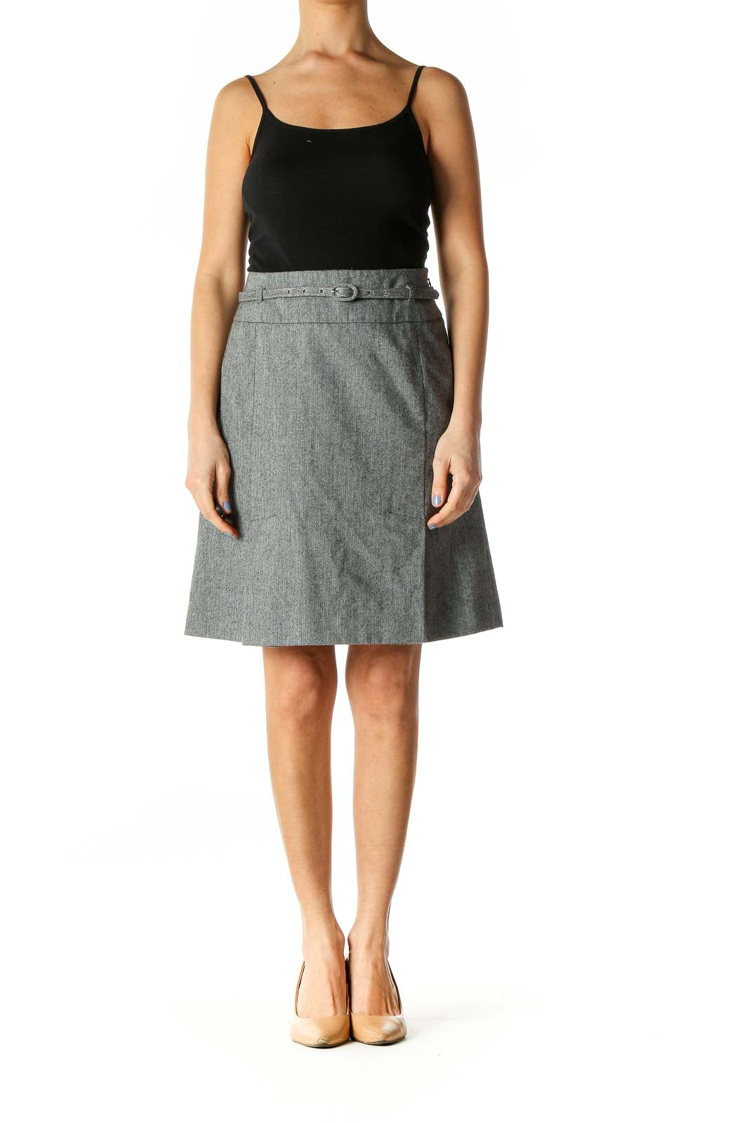 Gray Belted Wool Skirt