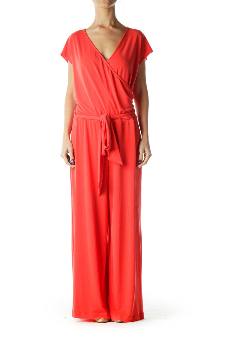 Red Belted Cap Sleeve Jumpsuit