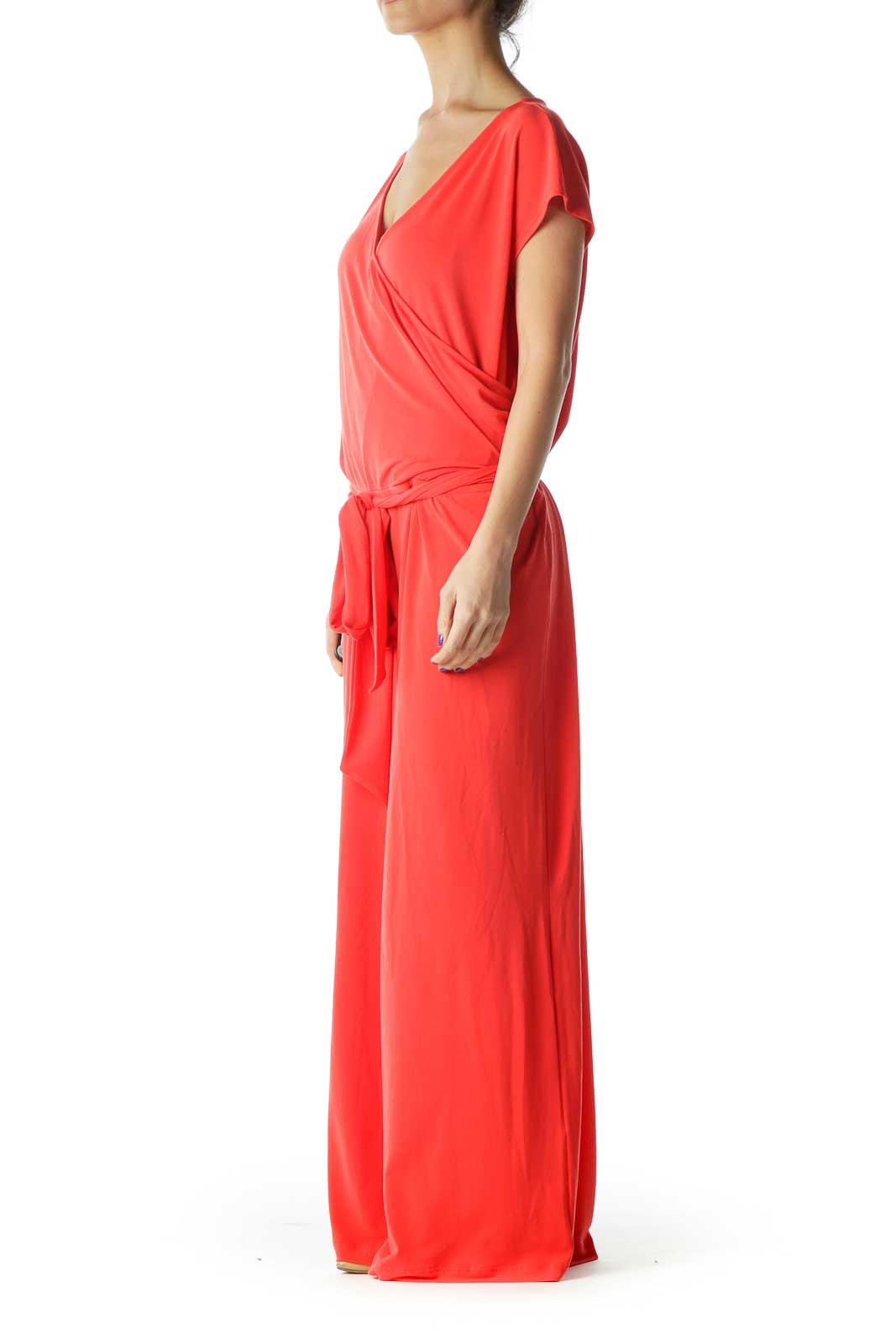 Red Belted Cap Sleeve Jumpsuit