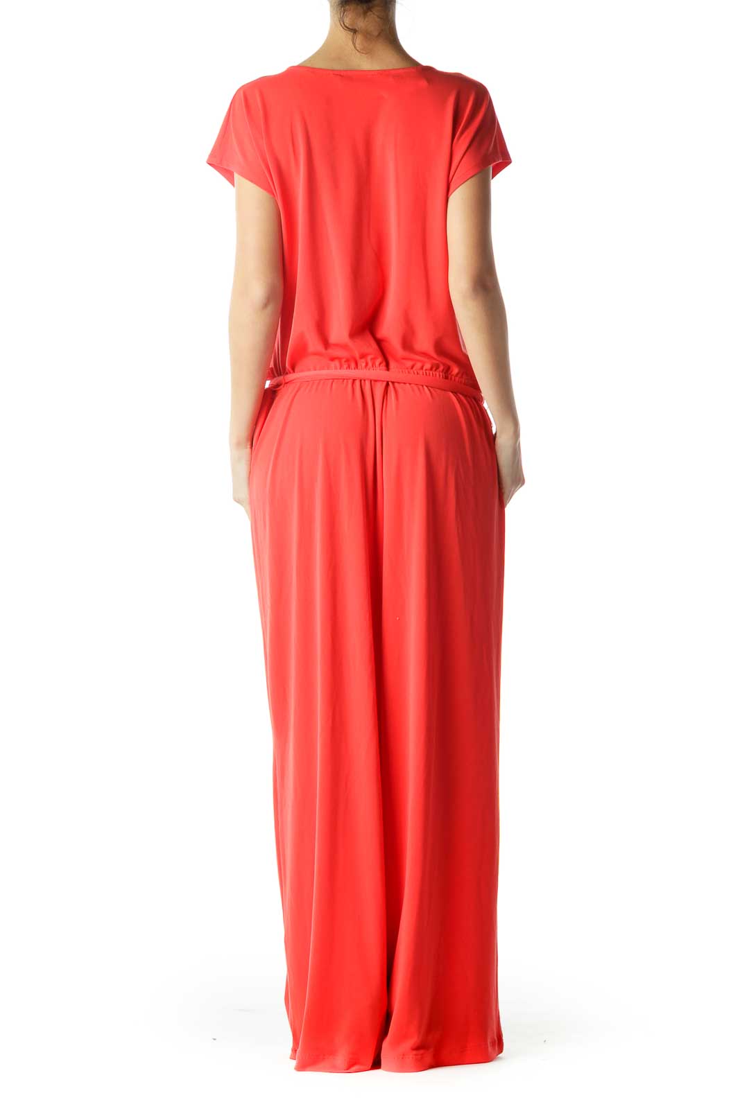 Red Belted Cap Sleeve Jumpsuit