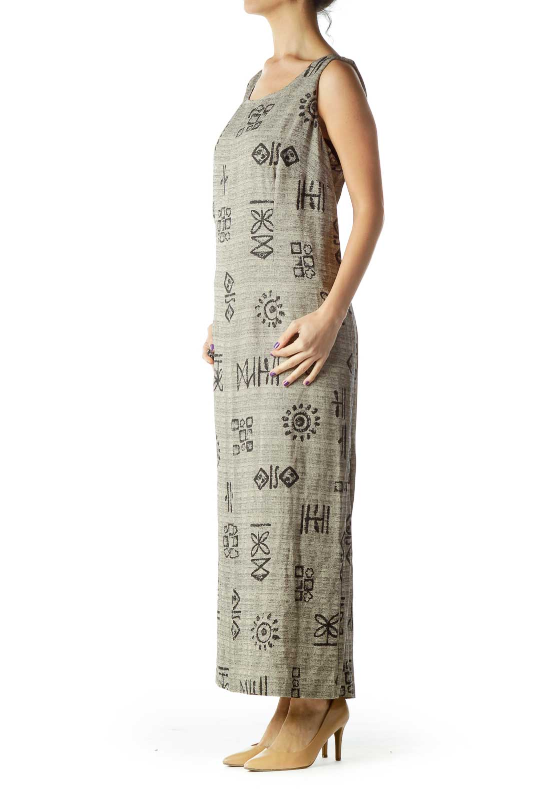 Beige Printed Sleeveless Maxi Dress