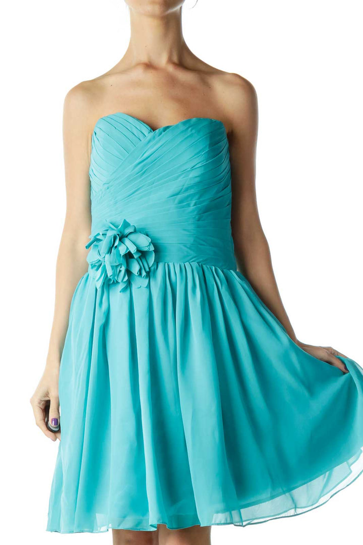 Turquoise Strapless Cocktail Dress with Flower Detail