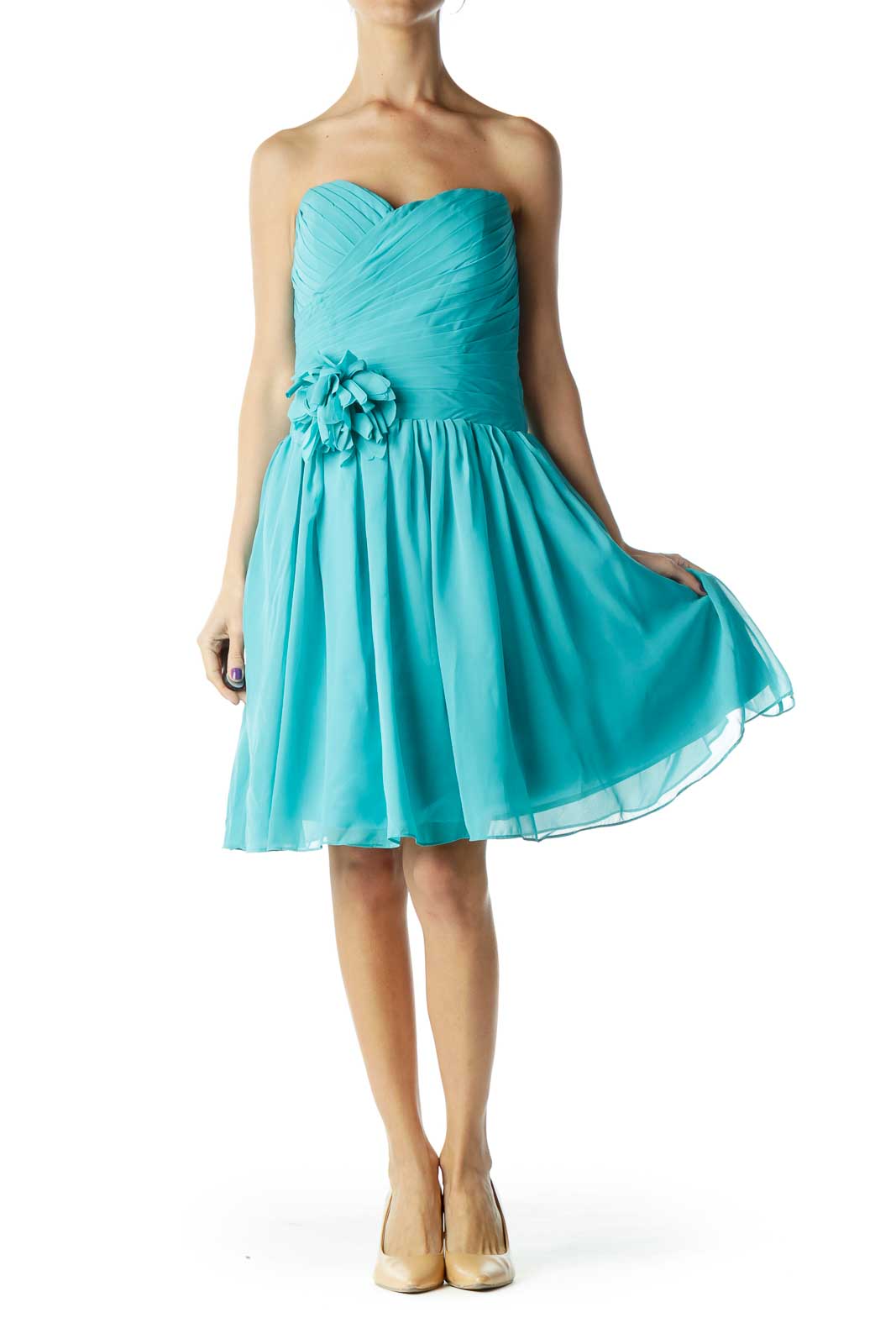 Turquoise Strapless Cocktail Dress with Flower Detail