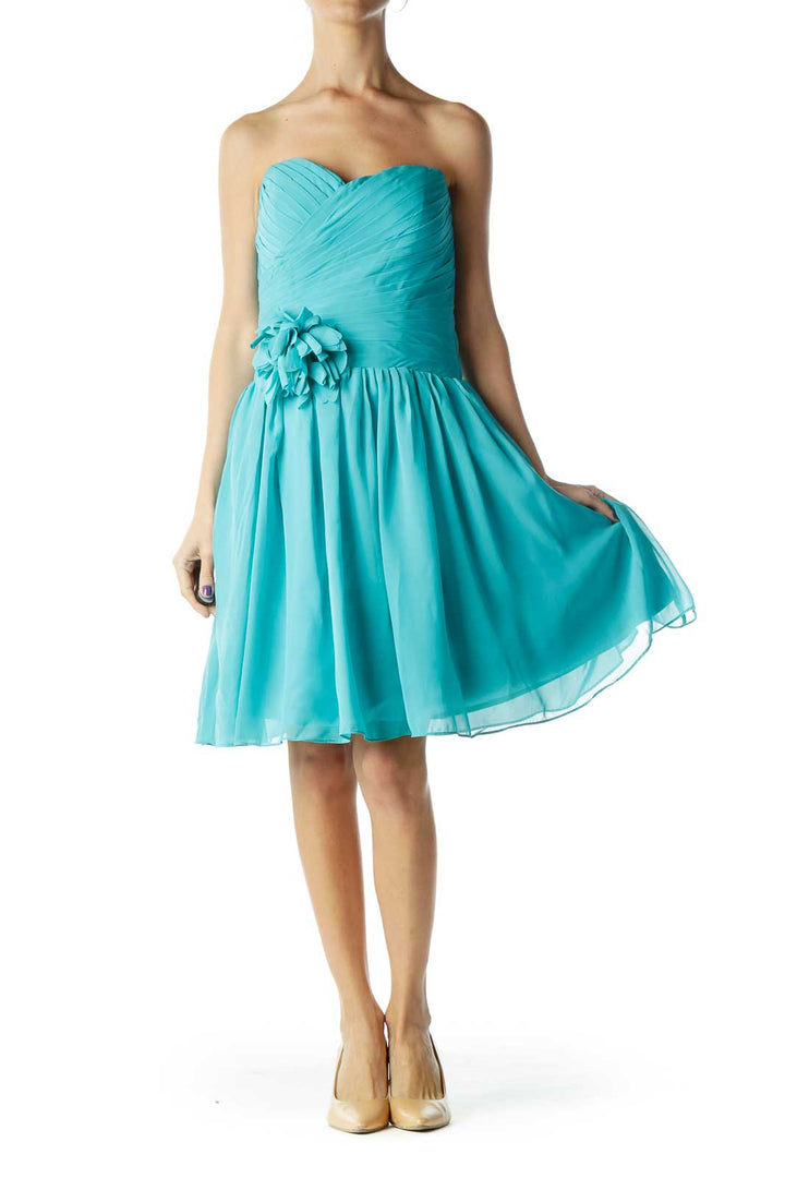 Turquoise Strapless Cocktail Dress with Flower Detail