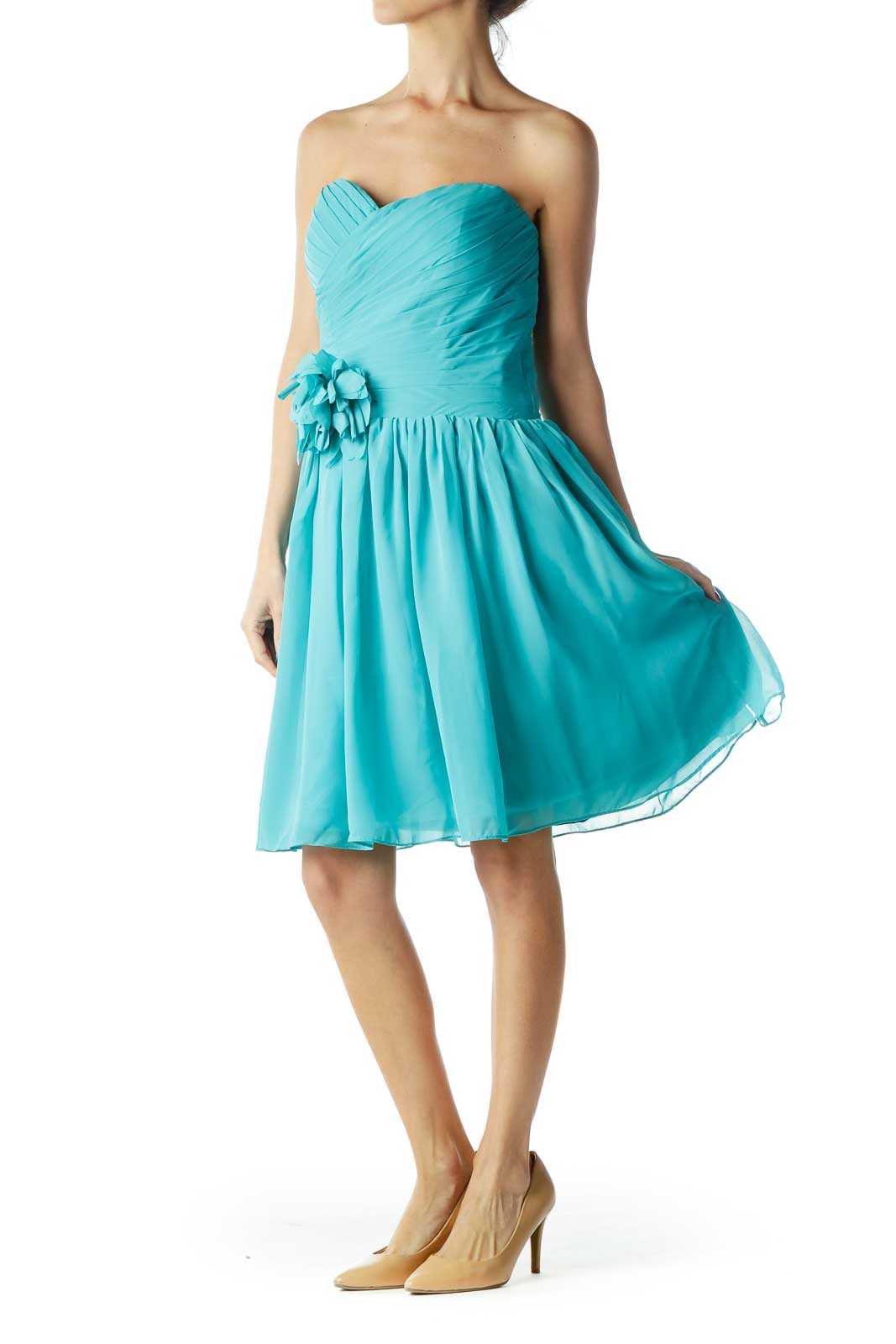 Turquoise Strapless Cocktail Dress with Flower Detail