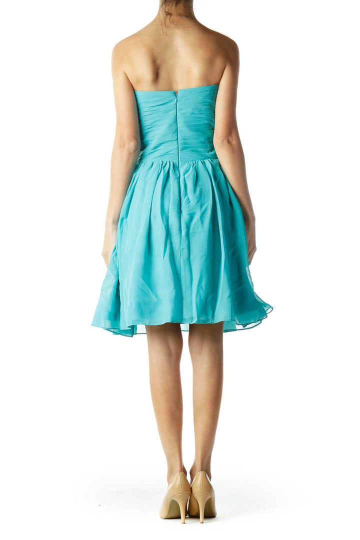 Turquoise Strapless Cocktail Dress with Flower Detail