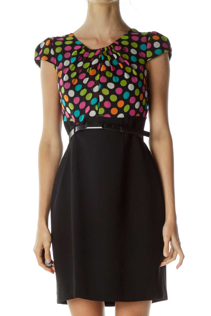 Black Multicolor Print Belted Sheath Dress