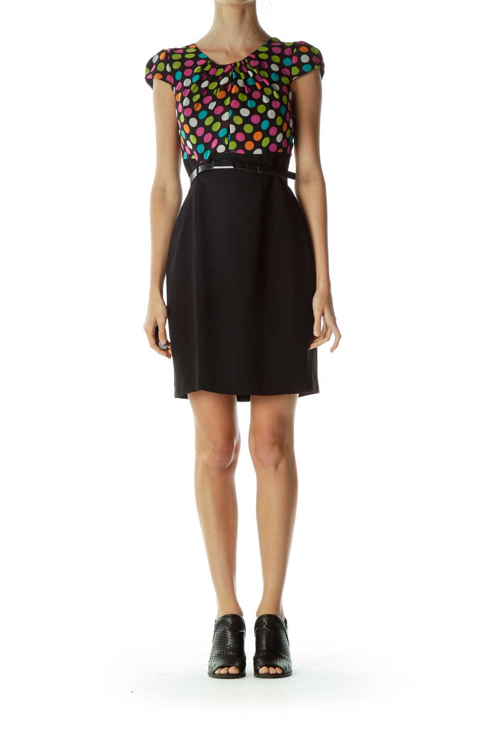 Black Multicolor Print Belted Sheath Dress