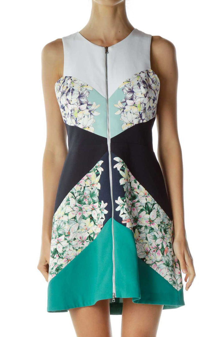 Navy Green Flower Print Sleeveless Dress