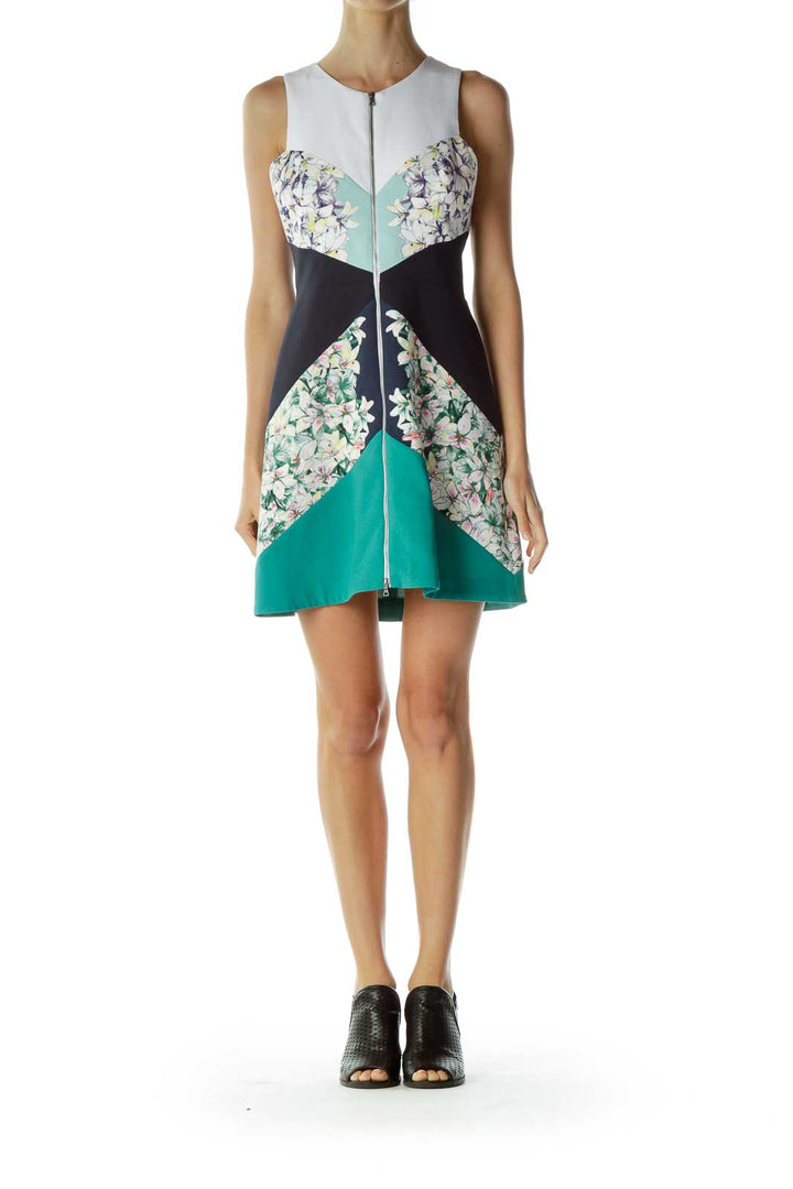 Navy Green Flower Print Sleeveless Dress