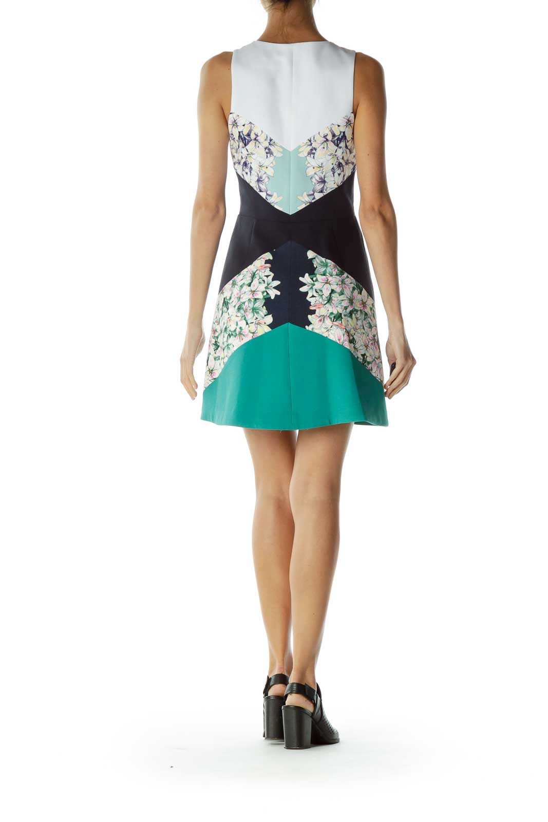 Navy Green Flower Print Sleeveless Dress