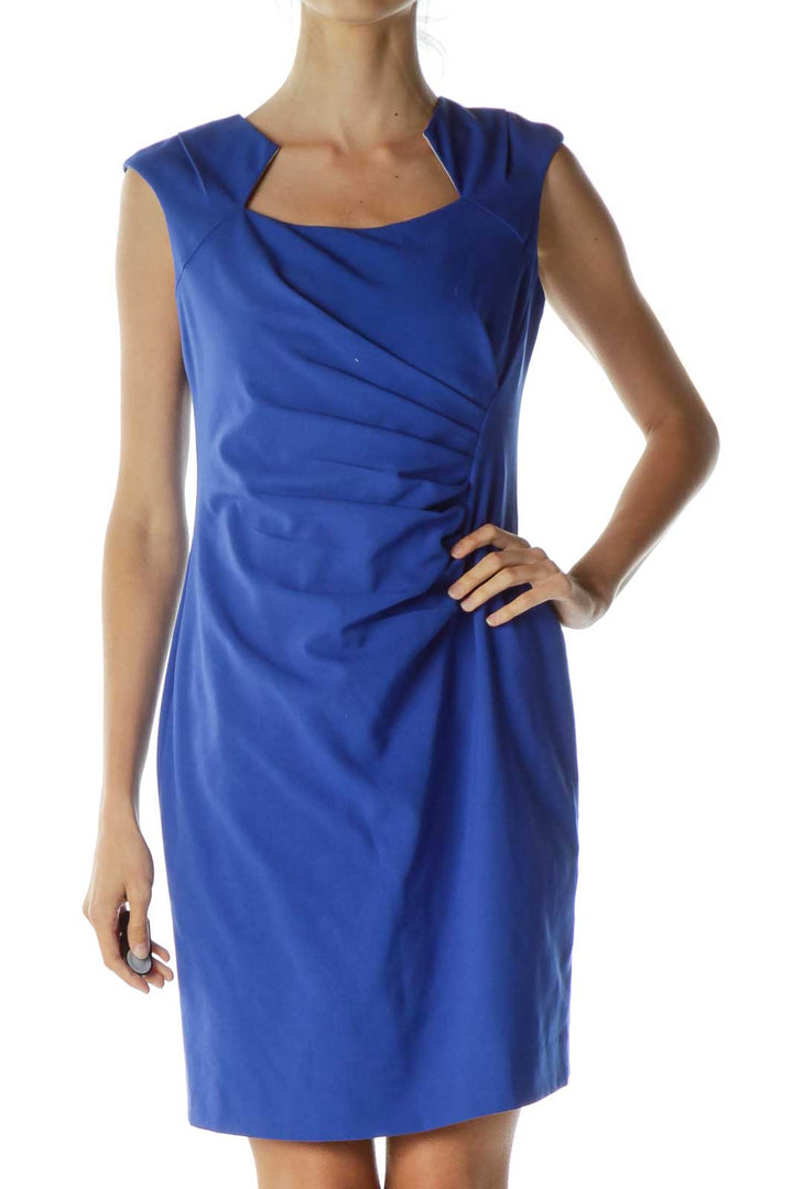 Blue Ruched Cap Sleeve Dress