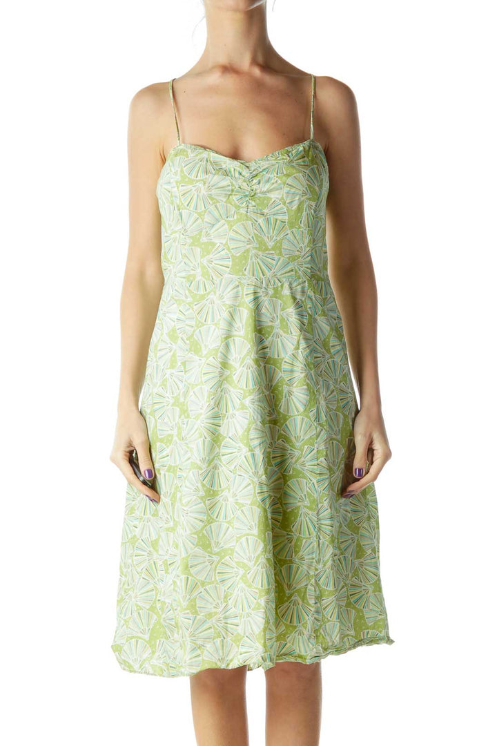 Green Fan Print Spaghetti Strap A-Line Dress