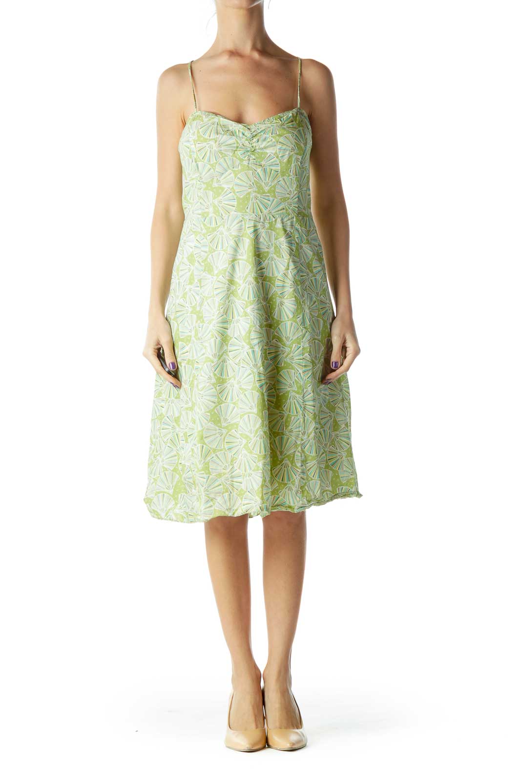 Green Fan Print Spaghetti Strap A-Line Dress