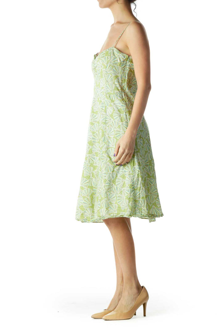 Green Fan Print Spaghetti Strap A-Line Dress