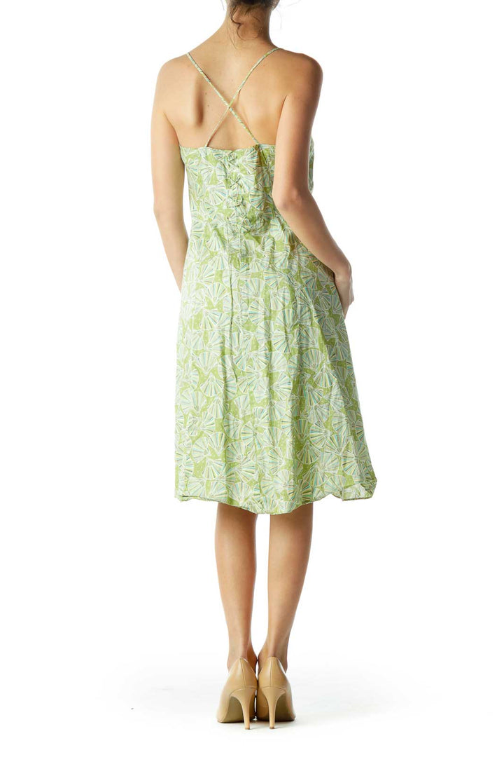 Green Fan Print Spaghetti Strap A-Line Dress