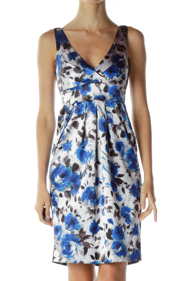 Blue Gray Satin Print Sheath Dress