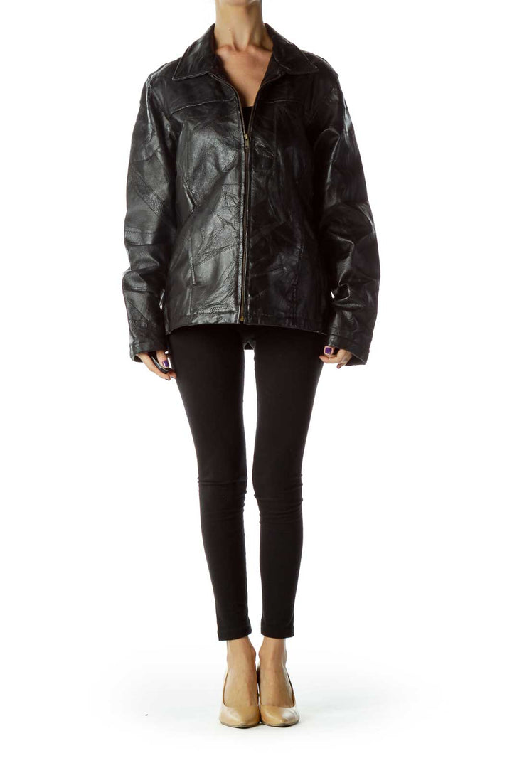 Black Leather Jacket with Quilted Detail