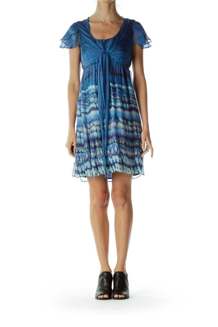 Blue Watercolor Print Ruffle Dress