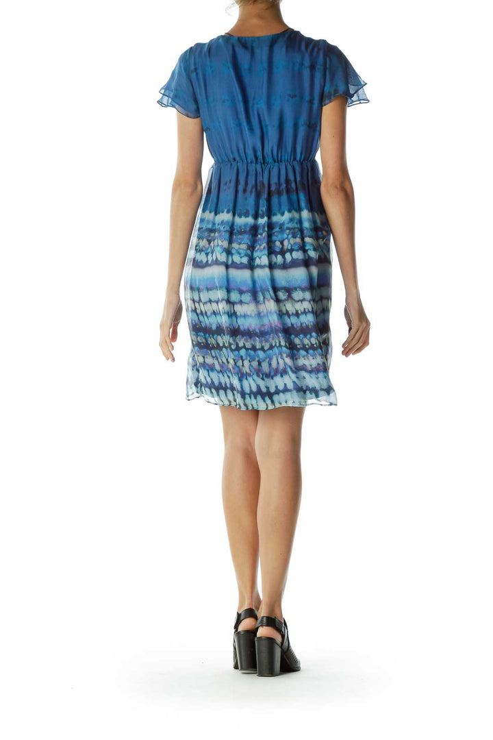 Blue Watercolor Print Ruffle Dress