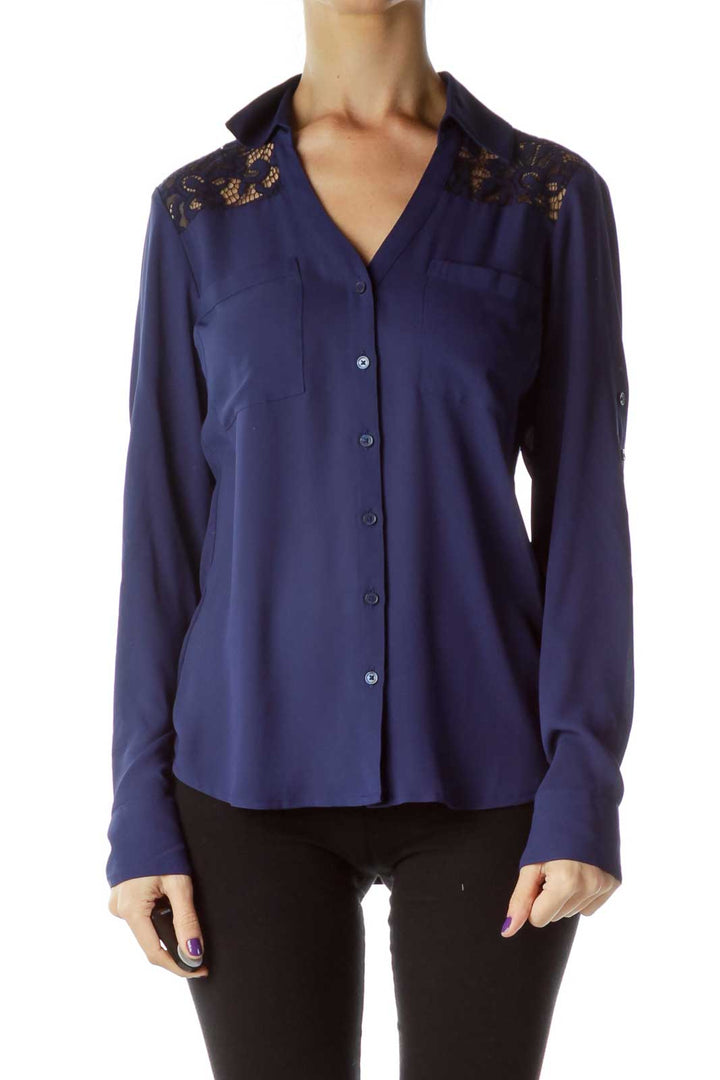 Navy Blouse with Lace Detail