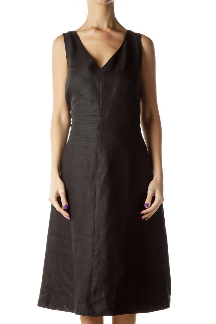 Black V-neck Linen Dress