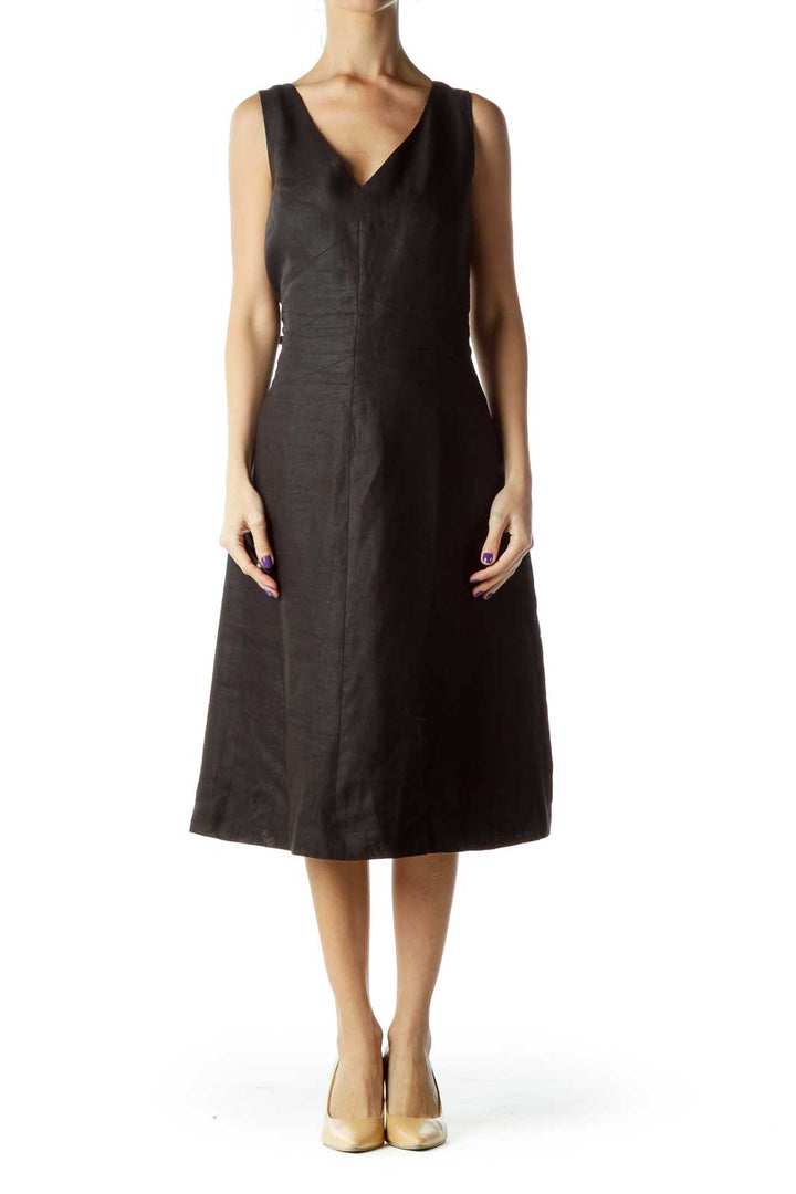 Black V-neck Linen Dress