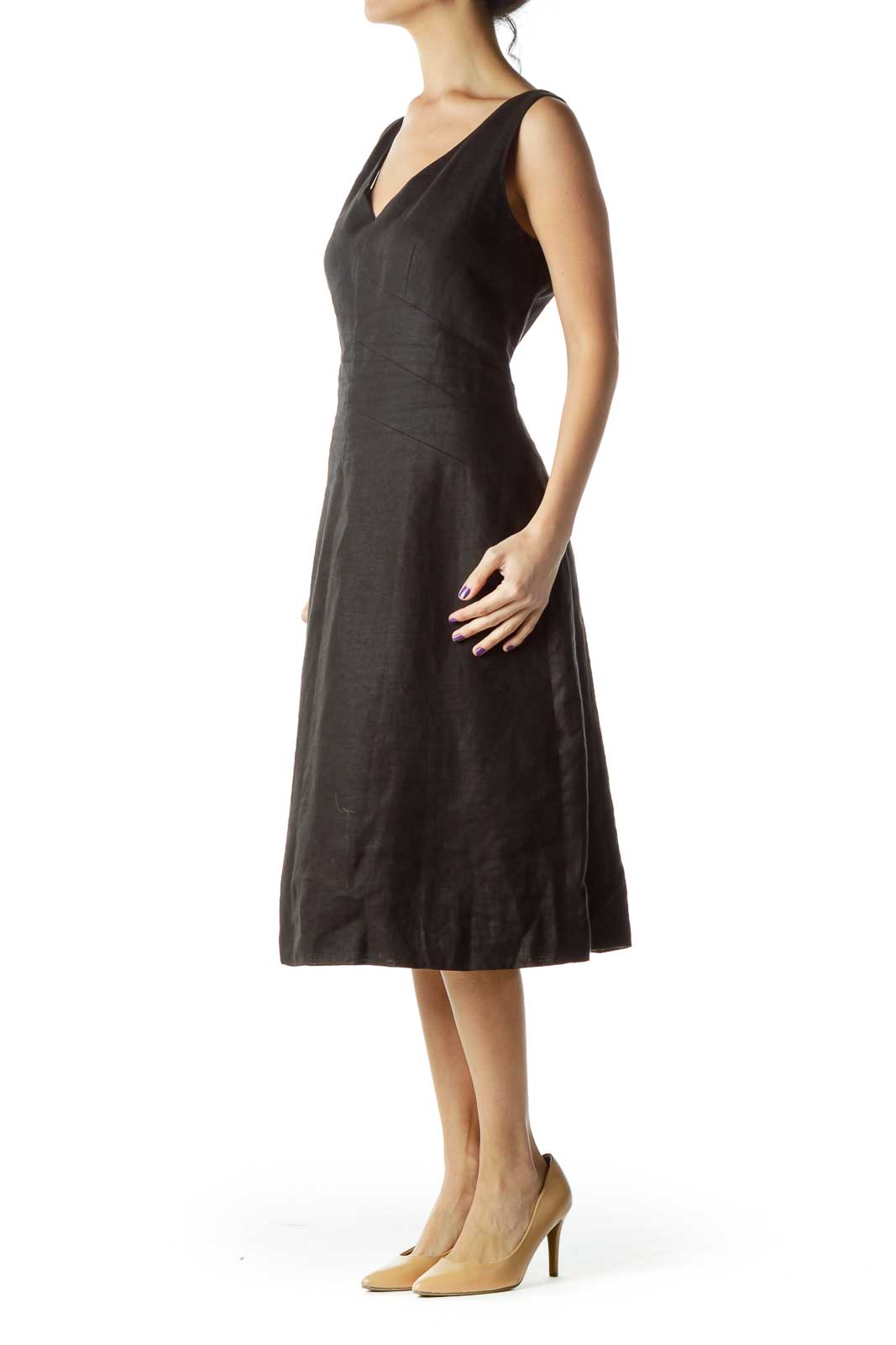 Black V-neck Linen Dress