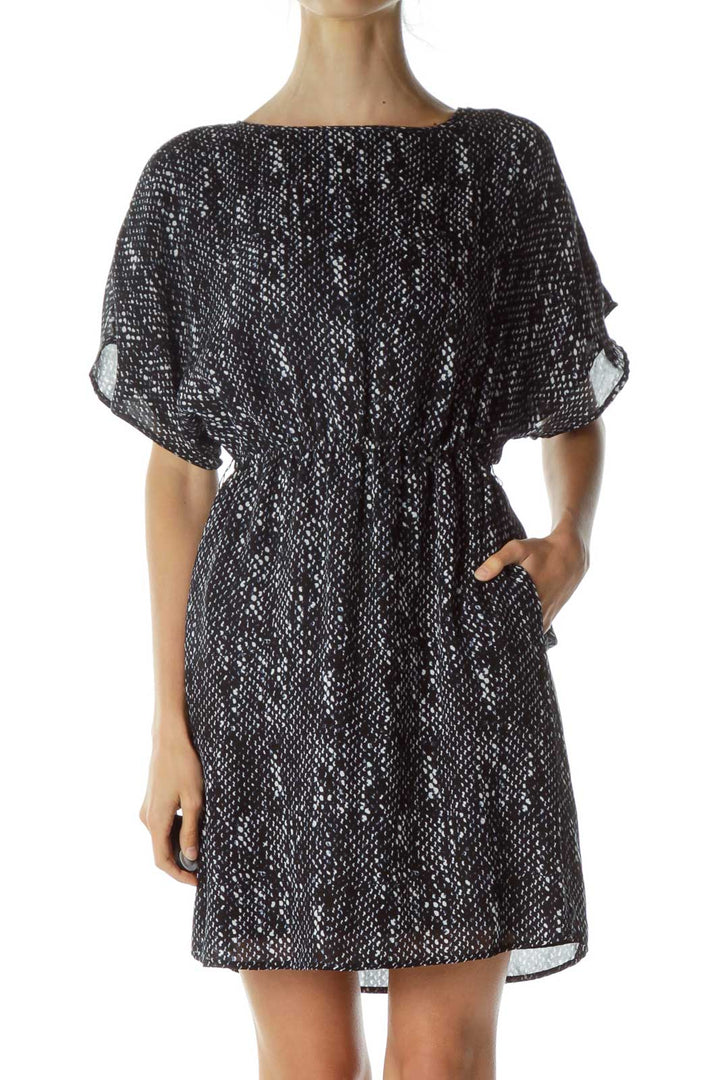 Navy White Print Bat Sleeve Day Dress