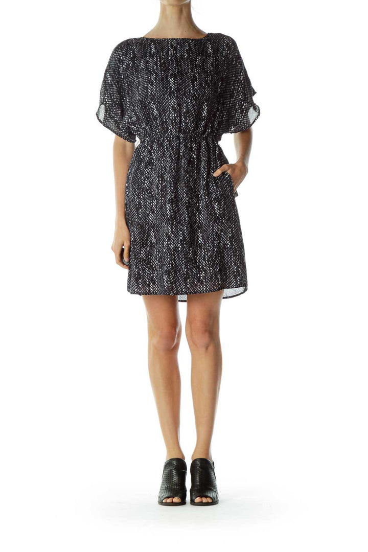 Navy White Print Bat Sleeve Day Dress