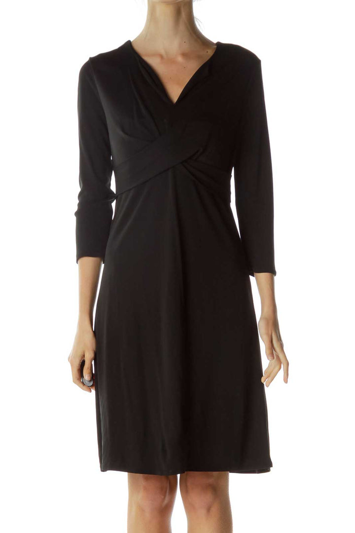 Black V-Neck Wrap Detail Work Dress