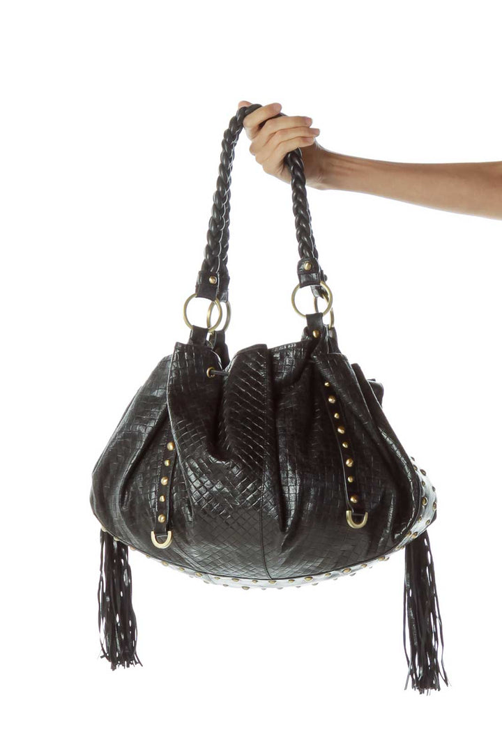 Black Fringe Studded Shoulder Bag