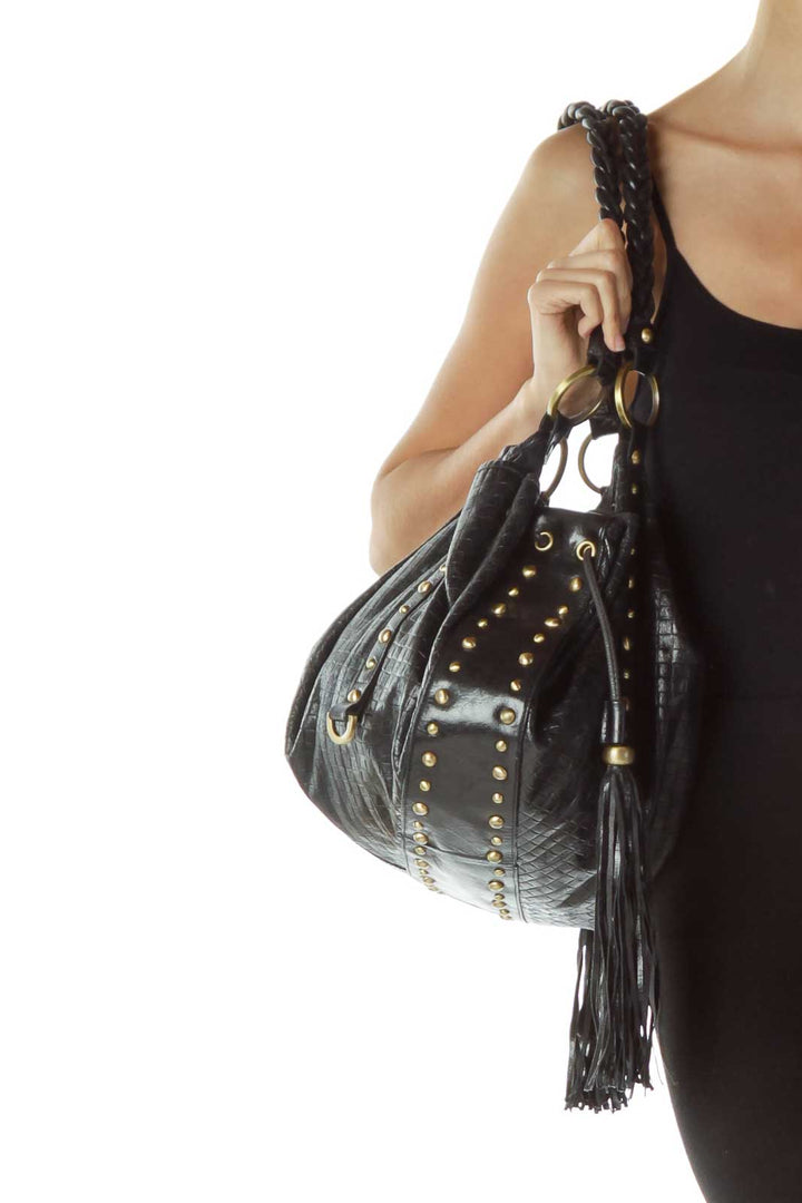 Black Fringe Studded Shoulder Bag