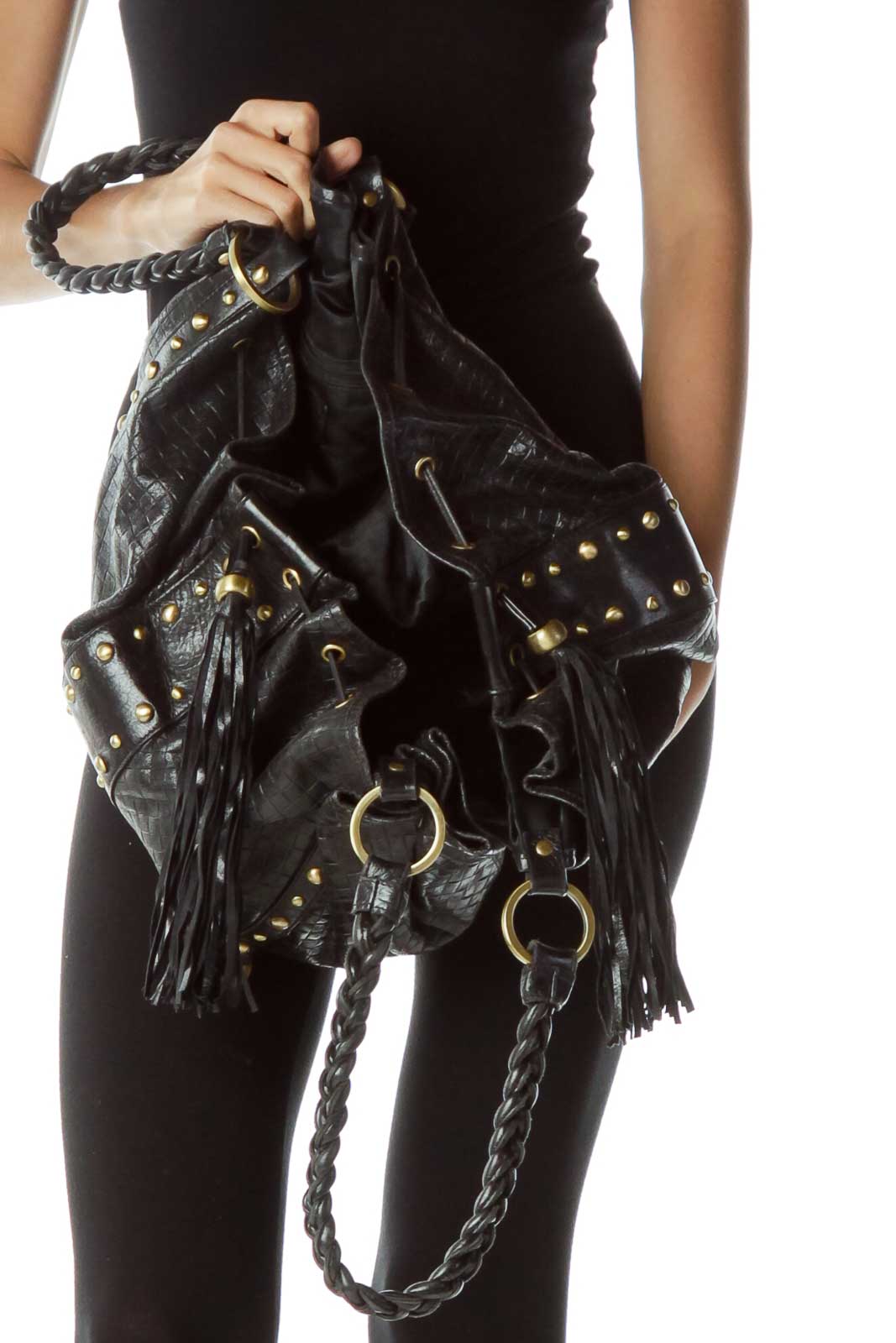 Black Fringe Studded Shoulder Bag