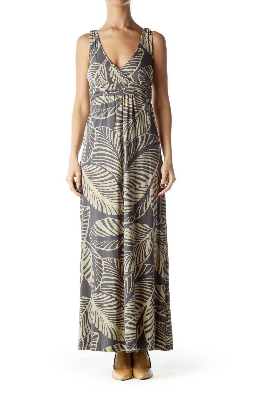 Gray Tan Leaf Print Maxi Dress