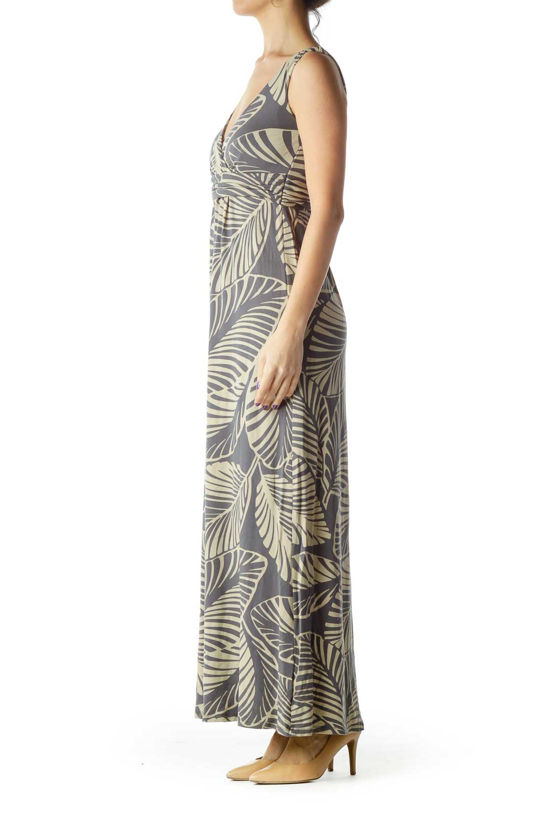 Gray Tan Leaf Print Maxi Dress