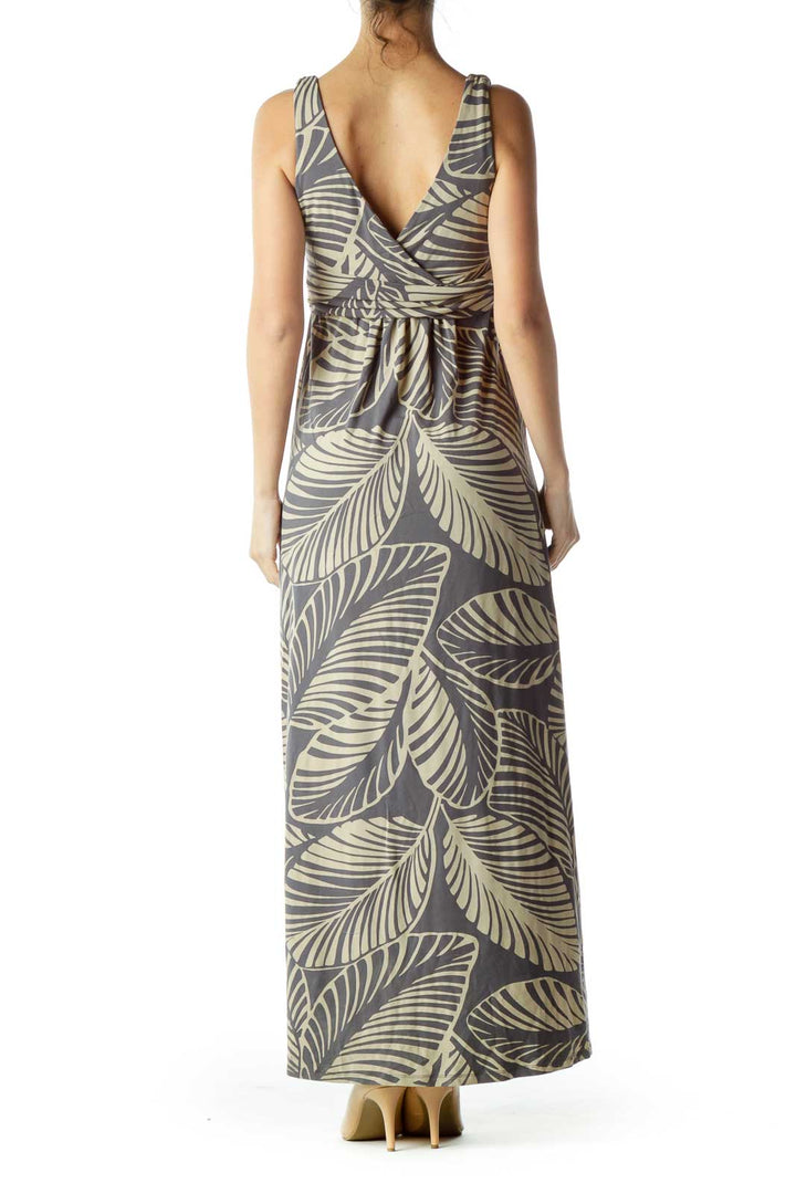 Gray Tan Leaf Print Maxi Dress