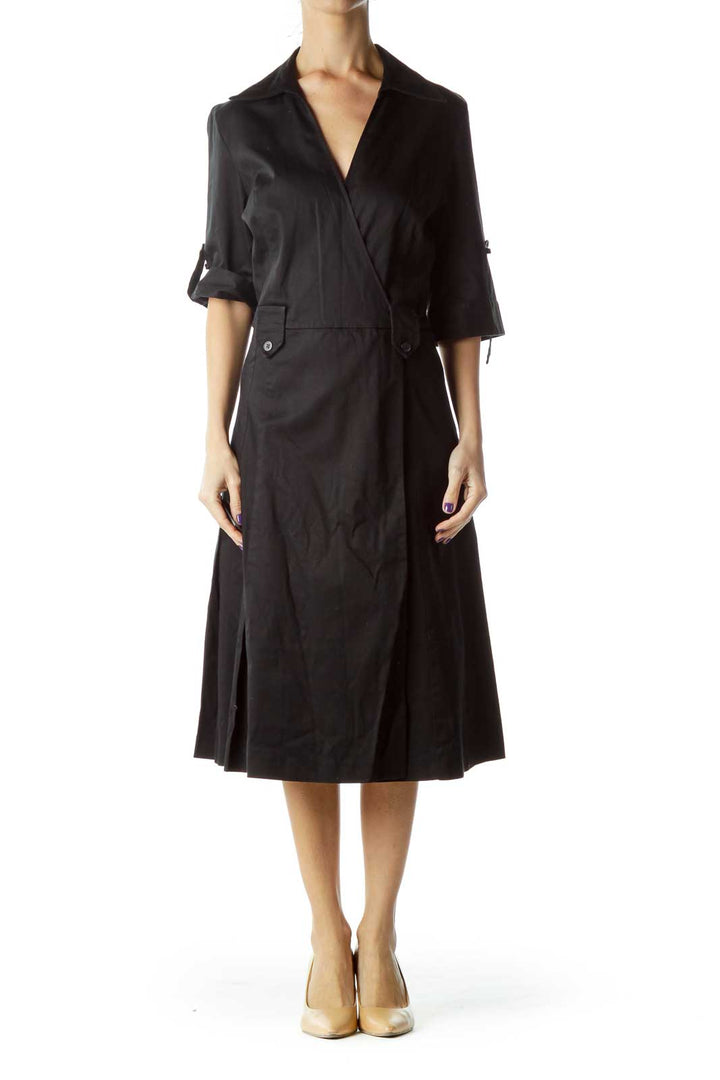 Black Pleated Collared Shirt Dress