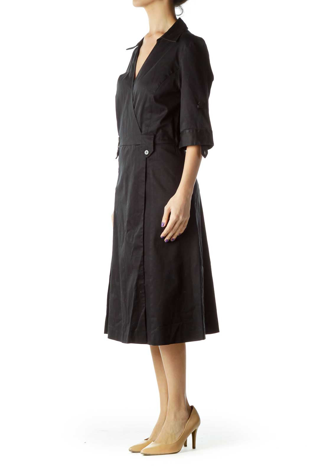 Black Pleated Collared Shirt Dress