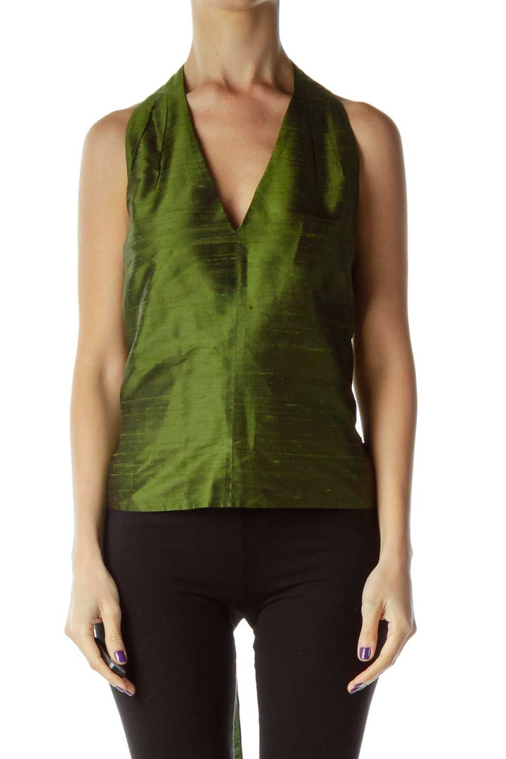 Green Silk V-Neck Bow Blouse