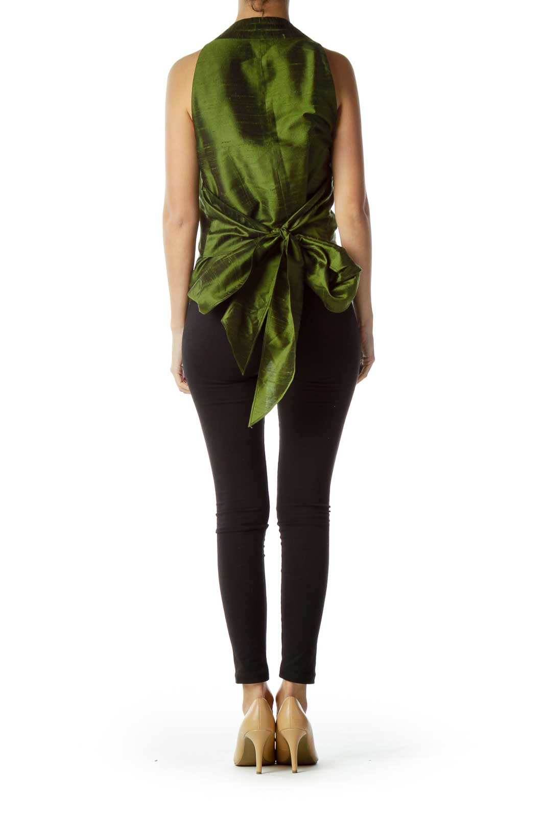 Green Silk V-Neck Bow Blouse