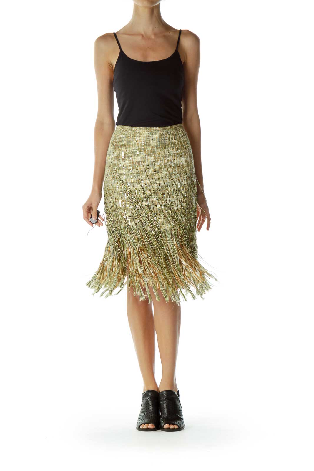 Green Fringe Tweed Mini Skirt