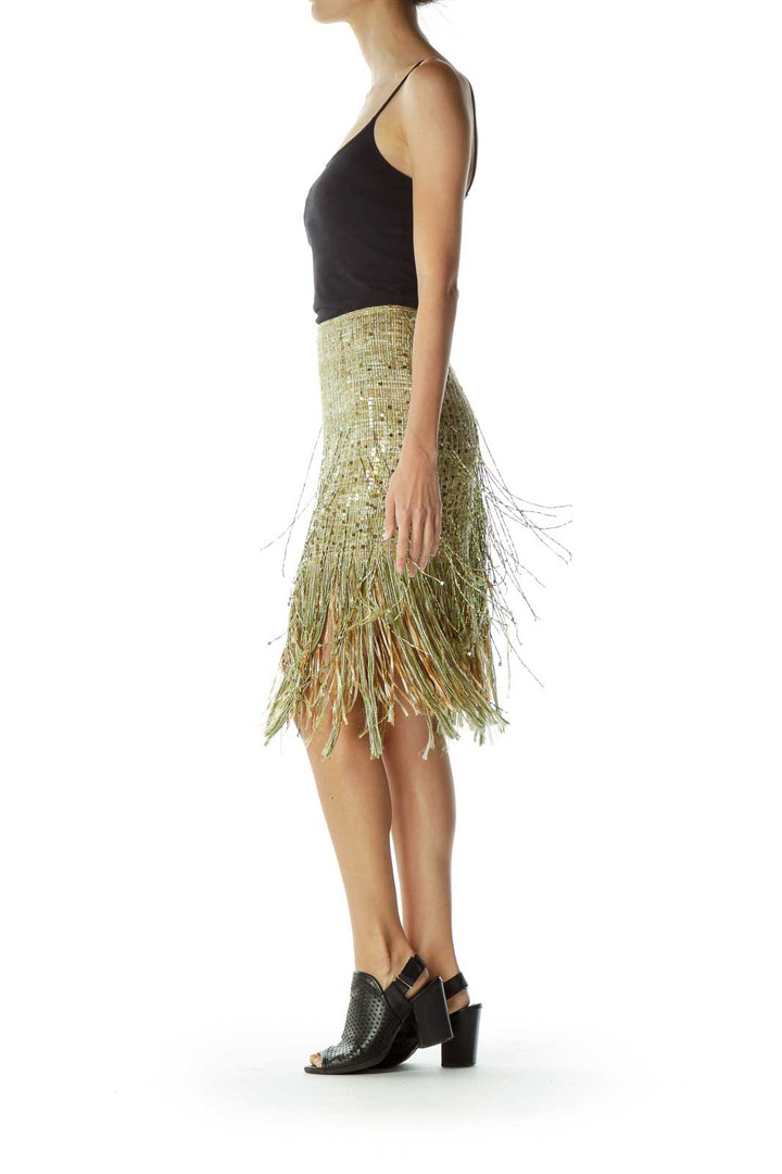 Green Fringe Tweed Mini Skirt