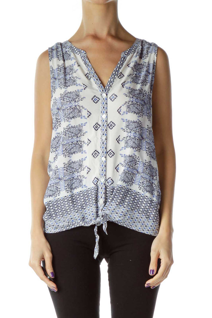 White Blue Buttoned Sleeveless Blouse