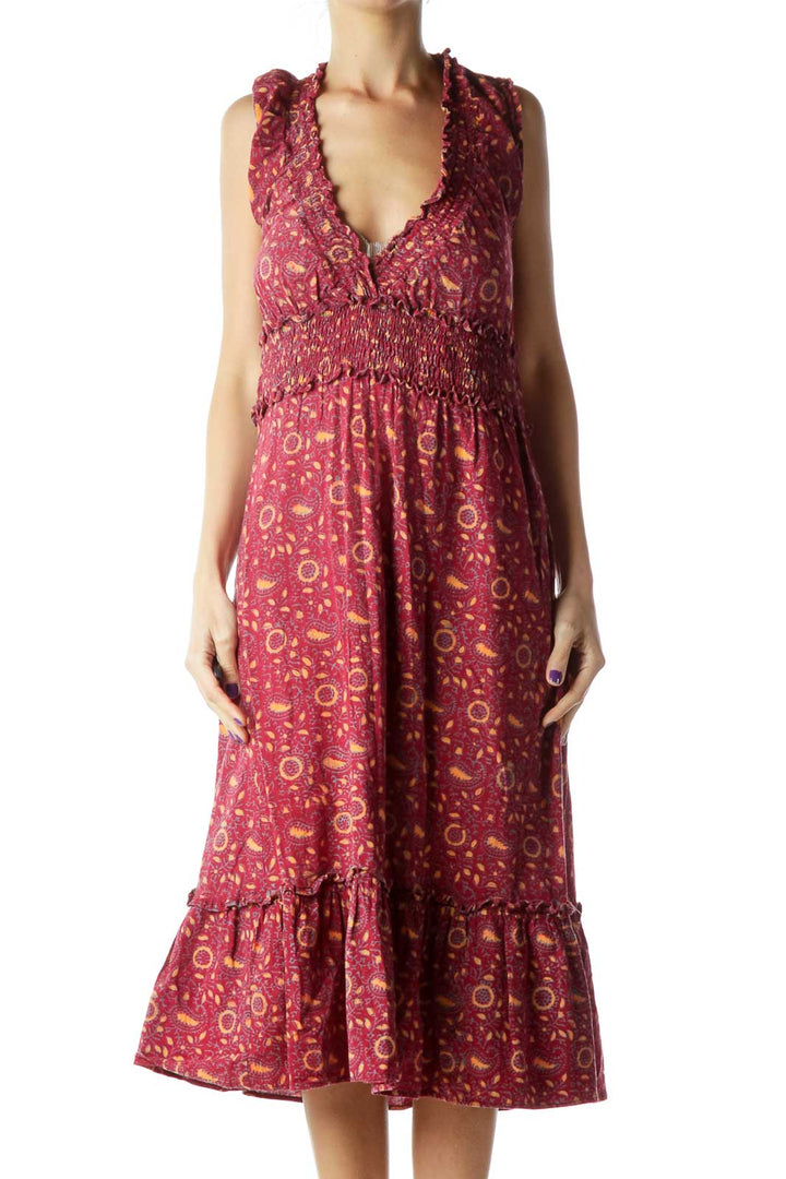 Red Printed Midi Day Dress